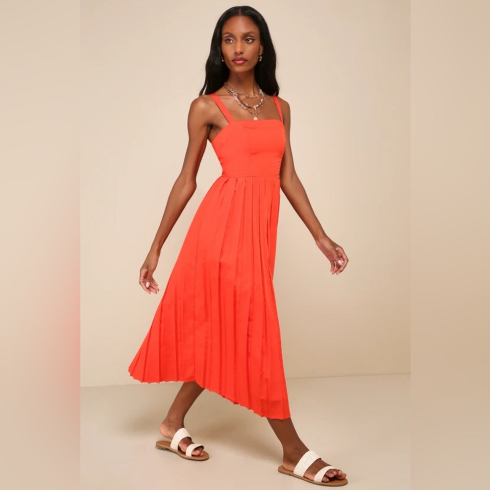 Lulus Amazingly Chic Red Orange Pleated Sleeveless Midi Dress Medium NWT